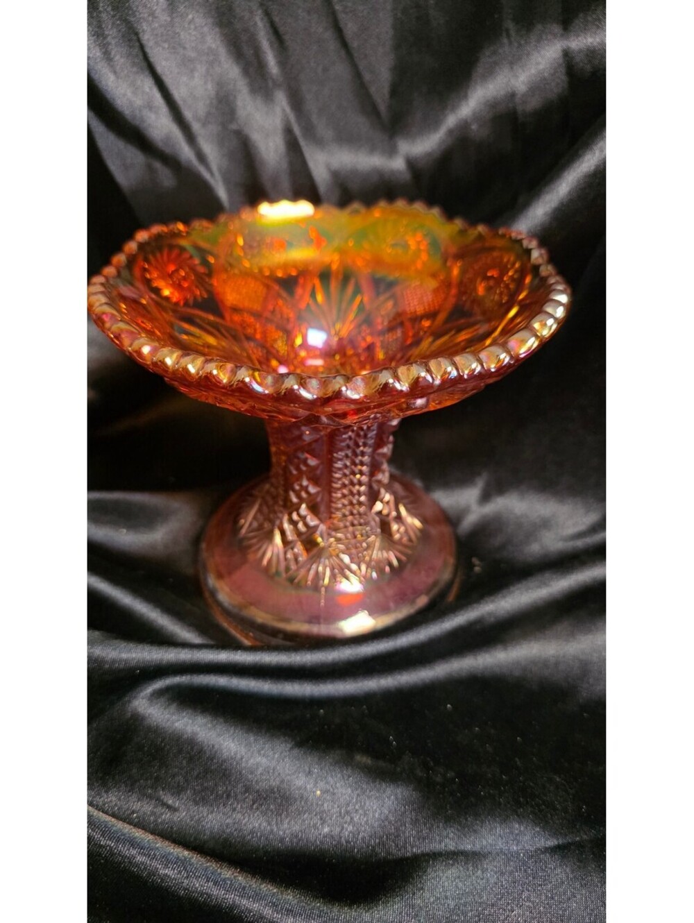 Antique Imperial Twins Marigold Carnival Glass Pedestal Compote Hobstar Bowl